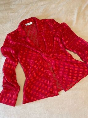 Dress Barn Red Sheer Knot-Front Button-Up Top
